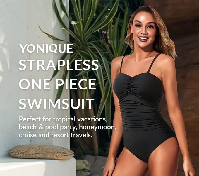 Yonique Womens Strapless One Piece Swimsuit Tummy Control Bandeau Bathing Suits Slimming Twist Front Swimwear for Beach Swimming Holiday Vacation