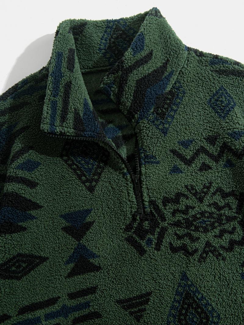 Men's Ethnic Pattern Zip Up Hooded Sweatshirt & Pants Two-piece Set, Casual Long Sleeve Collar Top & Pocket Trousers for Fall & Winter, Men's Two-piece Outfits for Daily Wear