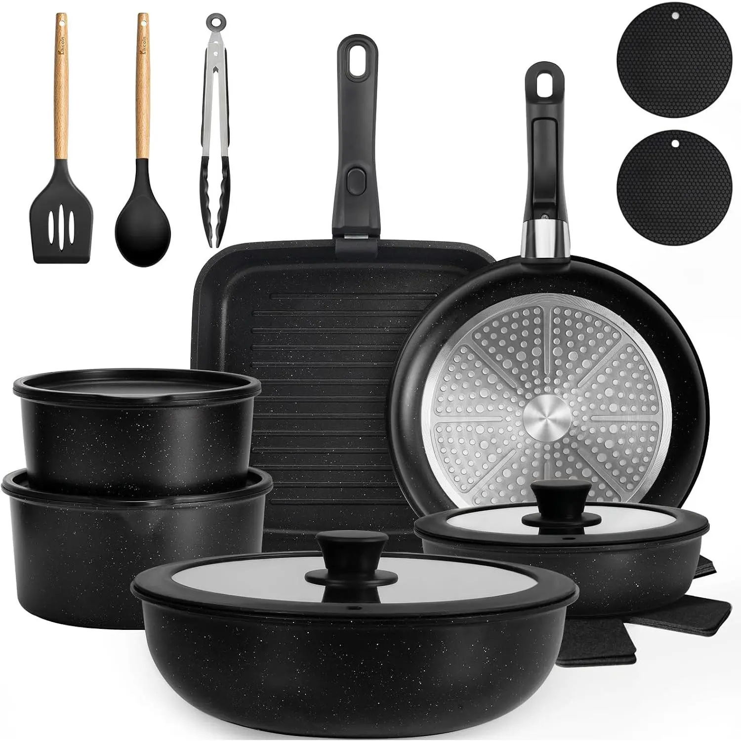 22 Pack Nonstick Pots and Pans Set, Cookware Set with Detachable Handle, Kitchen Cooking Pans Set with Frying Pan, Grill Pan - Stackable for RV Kitchen, Induction Ready, Dishwasher/Oven Safe