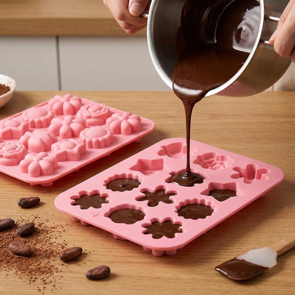 3pcs 12-Cavity Flower-Shaped Chocolate Silicone Molds, DIY Candy Pudding Baking Cookie Birthday Cake Decoration