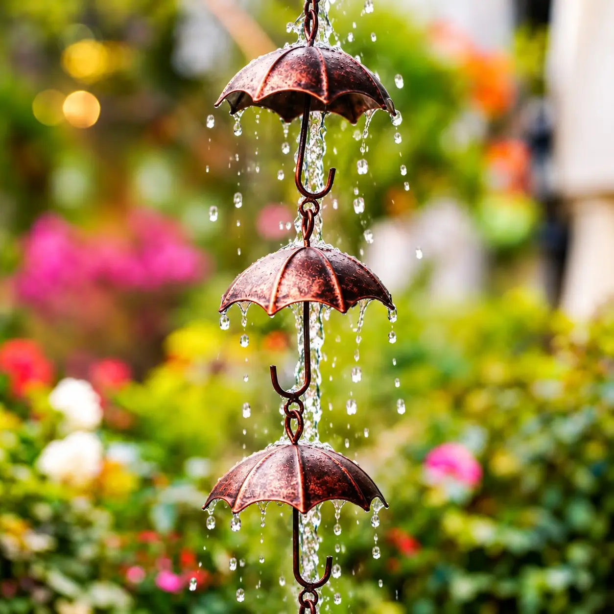 Vintage Metal Umbrella Rain Chain, Rustic Thick Iron Wall Garden Decor with Dripping Water Effect, Outdoor Rainwater Collection, Rainwater Harvesting