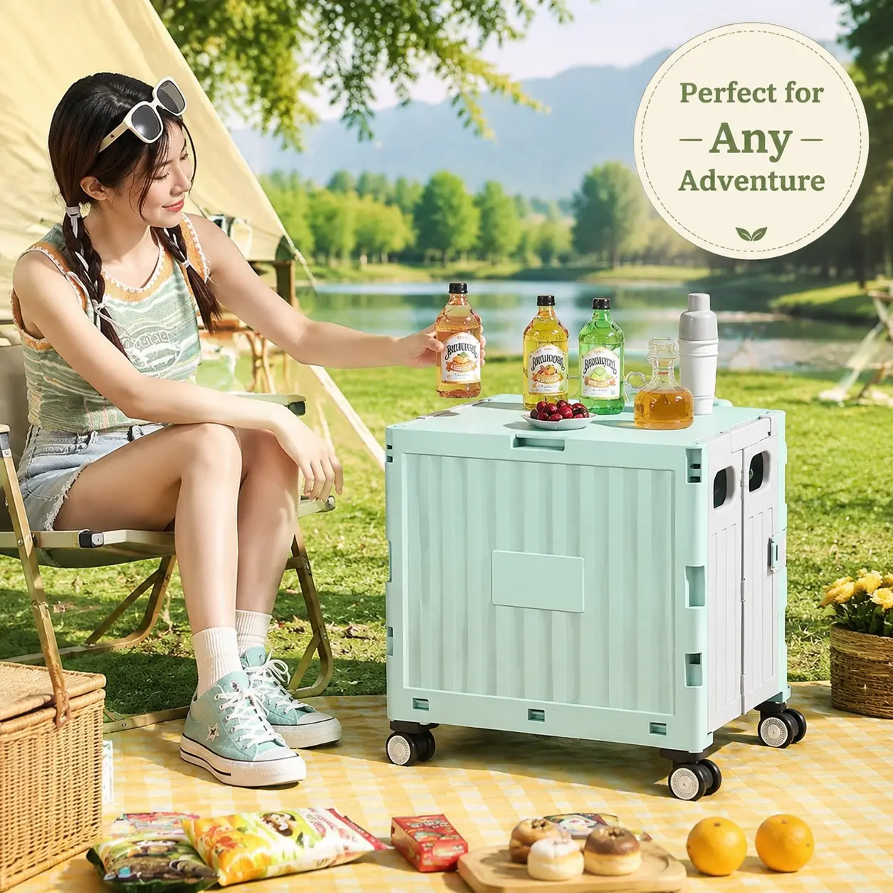 Foldable Rolling Storage Cart, 4-Wheel Structure, Quick Fold Design, Secure Attached Lid, Heavy Duty Wheeled Storage Box, Multi-Purpose for Supermarket Shopping, Camping, Car Storage, Pet Travel