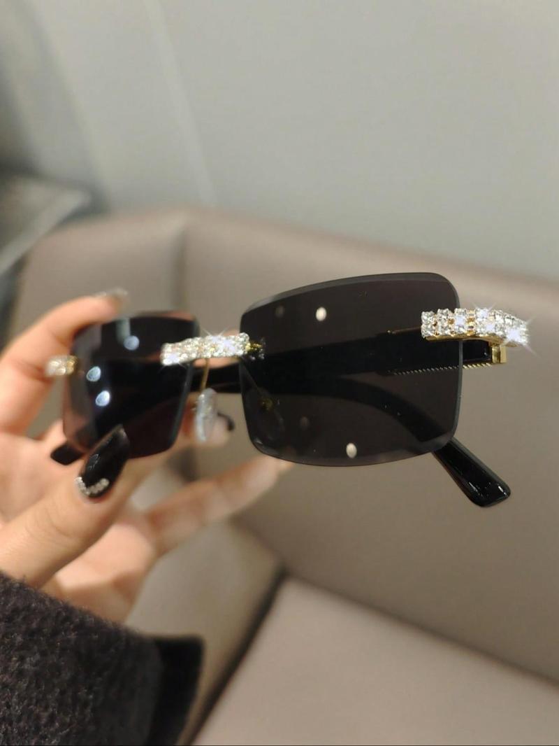 Rhinestone Rimless Sunglasses, Trendy Rectangle Frame Bling Glasses for Daily & Outdoor
