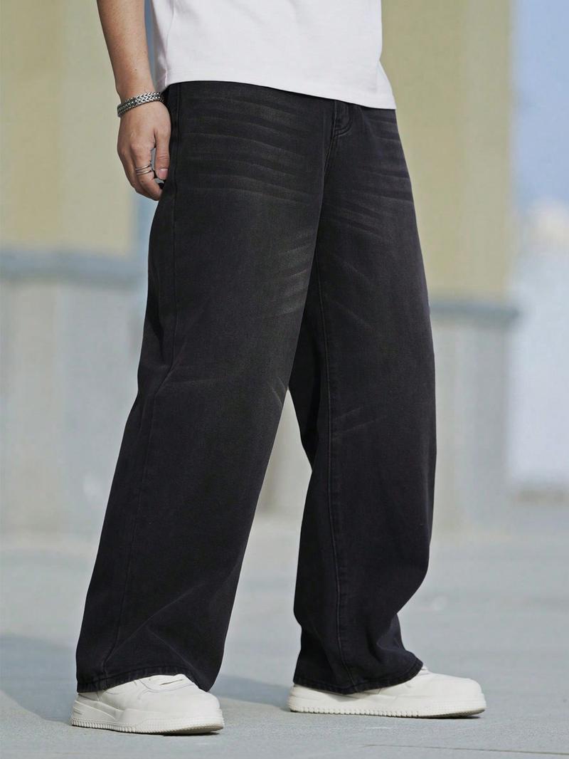 Plus Size Men's Solid Color Wide Leg Jeans, Loose Street Fashion Casual Comfy Pocket Denim Trousers, Jean Pants Bottoms for Daily Wear, Men's Bottoms for All Seasons, Casual High Rise
