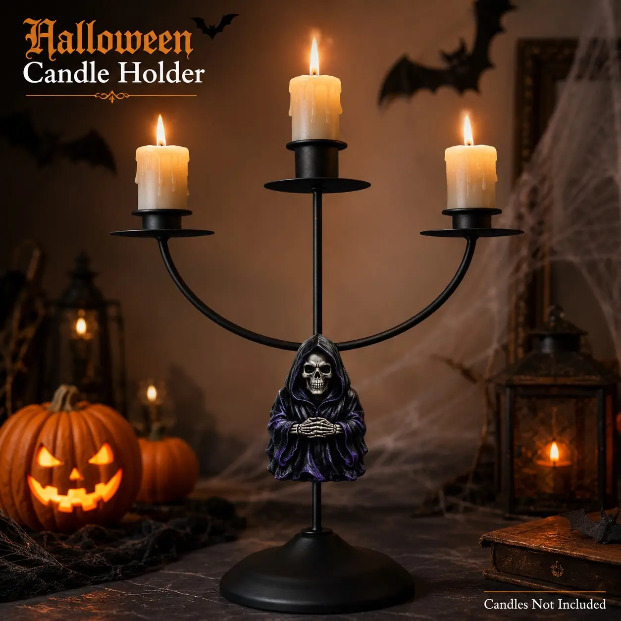 1 Pc Halloween Gothic Grim Reaper Skull Iron Three Candle Holder for Halloween Lovers Home Table Mantel Entryway Party Decor Stable Black Base Fits Standard Pillar Candles and Everyday Home Display