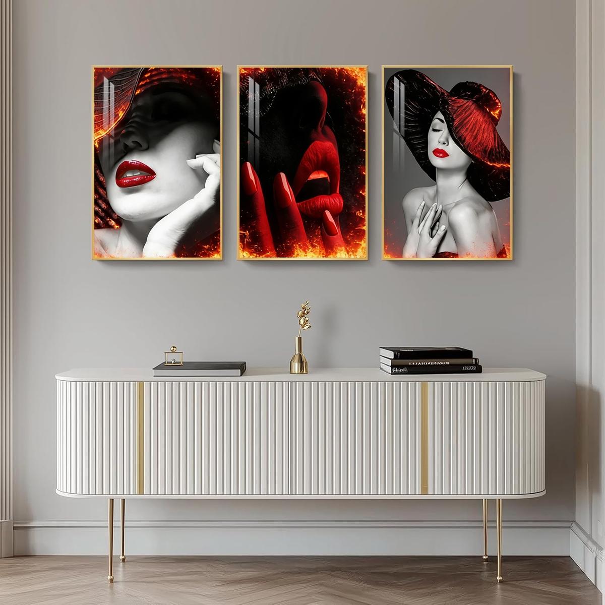 3 Counts Aluminum Alloy Framed Painting, Abstract Red Lips And Black Hat Lady Pictures, Home Decoration For Living Room, Bedroom, Office, Restaurant, Hallway Wall Decor, Odorless Print Artwork, Luxury Perfect Gift For Friends And Family