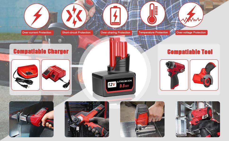 2 Pack 9.5Ah Replacement for Milwaukee ∧∧-12 Battery, Compatible for Milwaukee 12V ∧∧-12 Battery 48-11-2401 48-11-2411 48-11-2420 48-11-2412 48-11-2402 12 Volt ∧∧-12 Battery Cordless Power Tools power  tool  batteries drill  battery High Capacity