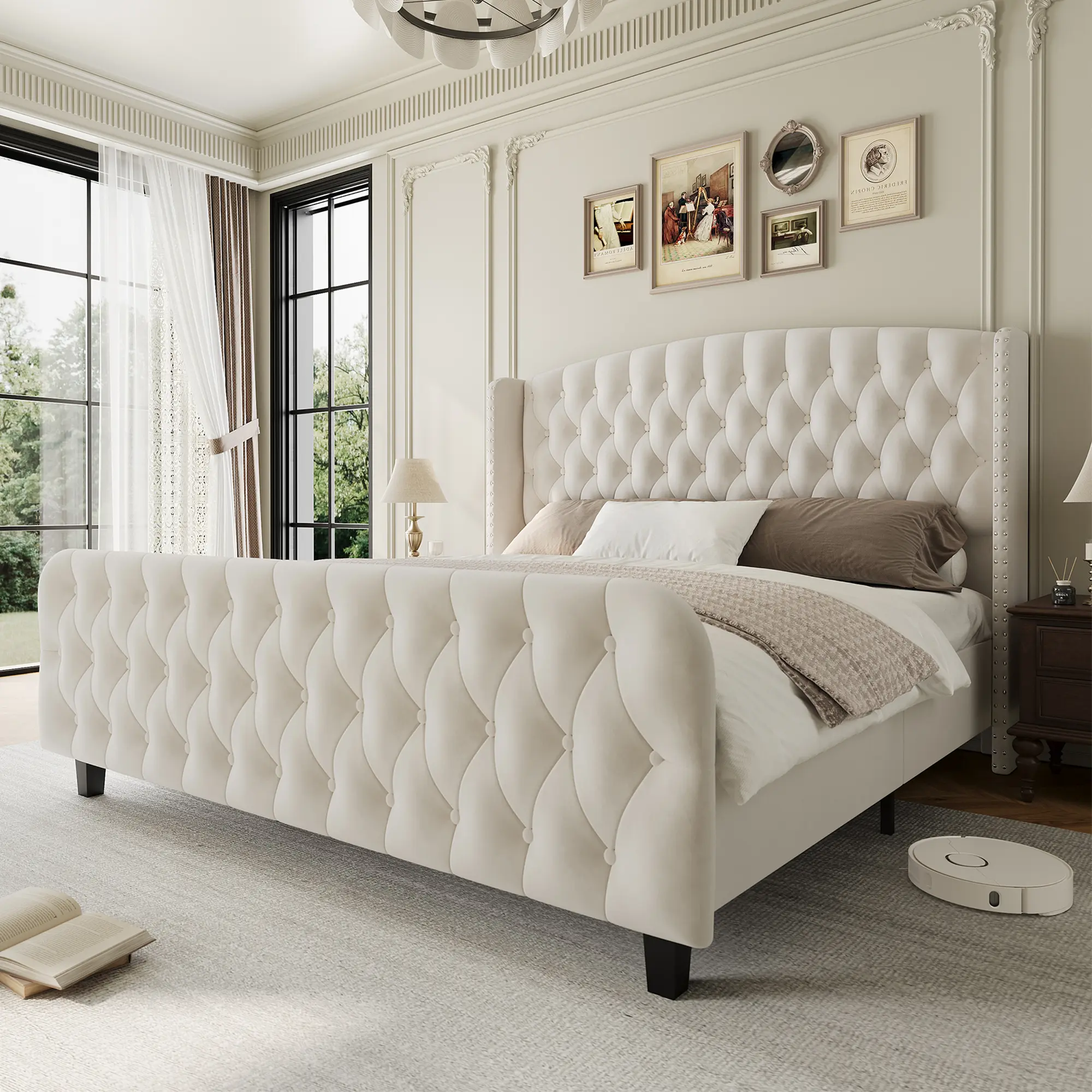 51" Tall Queen Size Bed Frame with Deep Button Tufted Wingback Headboard and Footboard,  Velvet Upholstered Platform Bed Frame, No Box Spring Needed, Easy Assemble, Cream