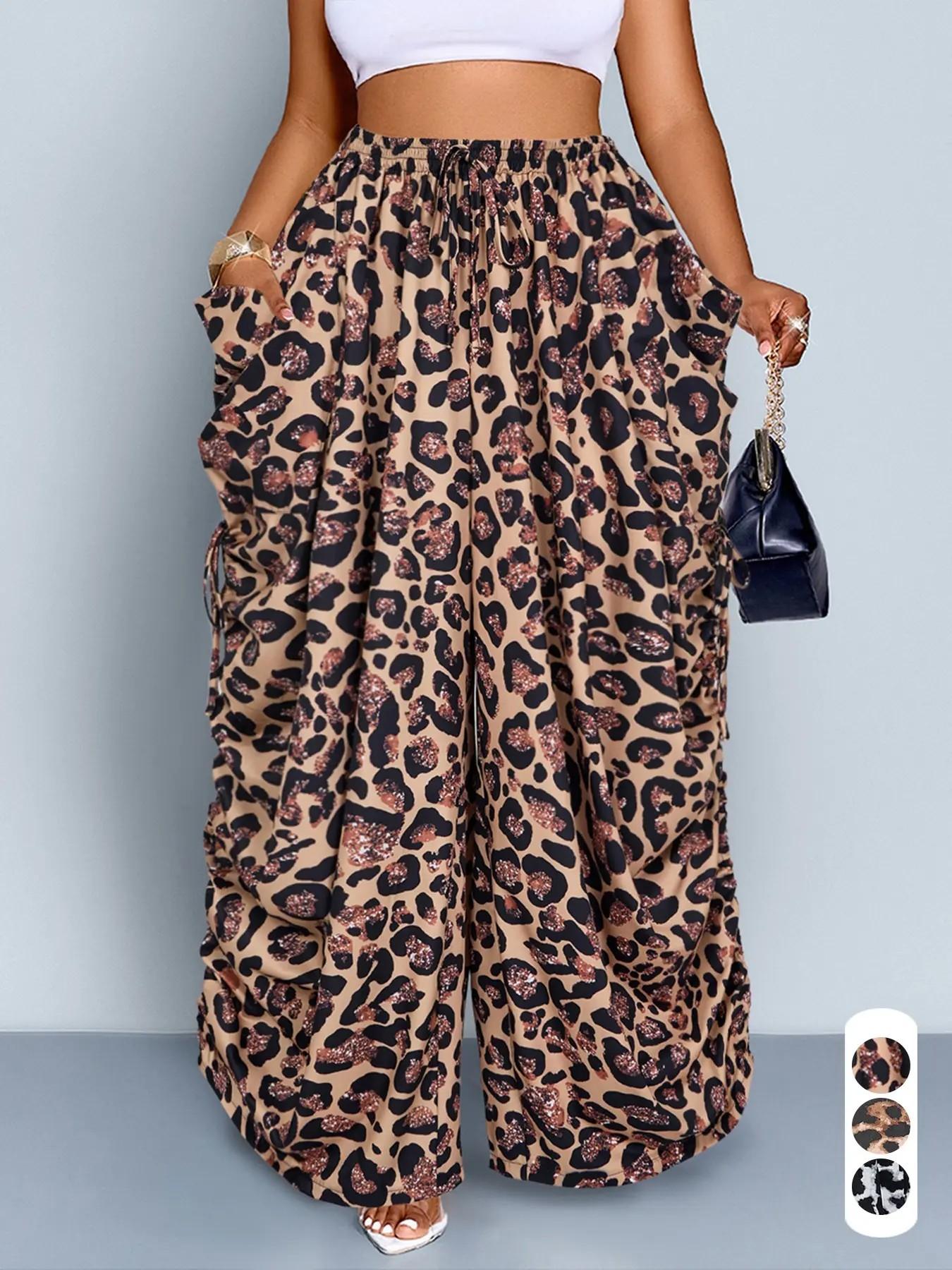 Women's Leopard Print Harem Pants Bottom, Casual High Waist Loose Breathable Cotton Linen, Medium Stretch Thin Drawstring Pockets, Streetwear Punk Style
