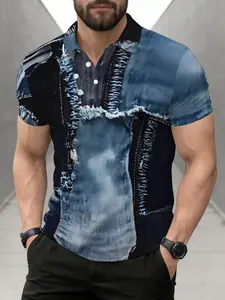 Men's Casual Short Sleeve Polo Shirt, Blue Denim Patchwork, Button Neck, Fashion Beach & Leisure Top