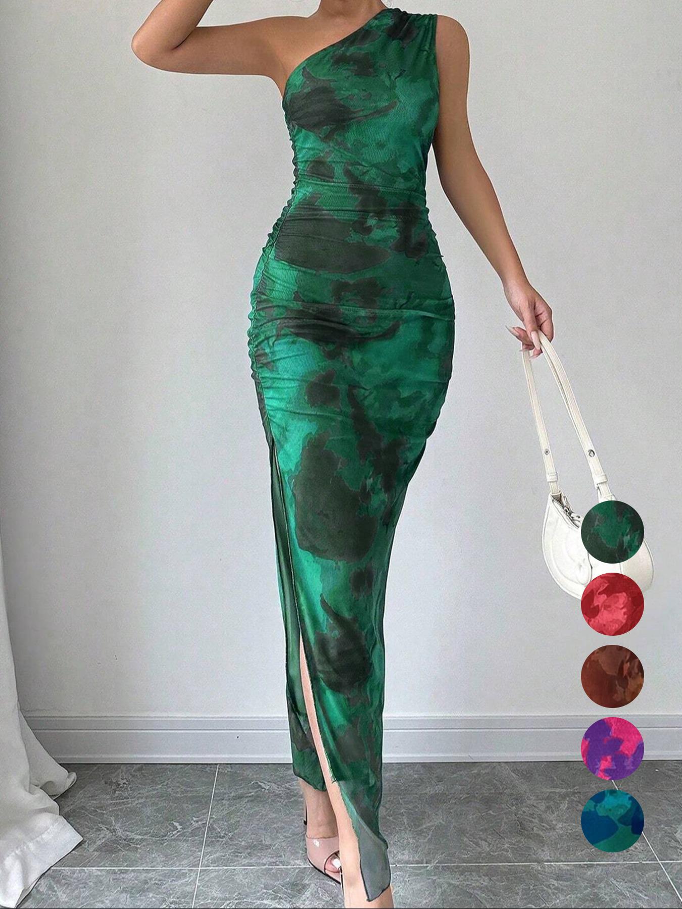 Women's Graphic Print Asymmetrical Neck  Dress, Elegant Sleeveless Split  Dress for Party Holiday Wedding Guest, Ladies Summer Clothes