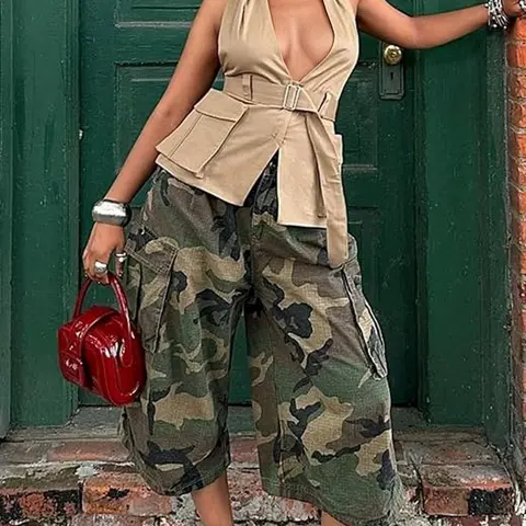 Women's Camouflage Cargo Pants, Casual Streetwear Wide Leg Pants, Casual Fashion Trousers, Street Style Loose Fit for Home Wear, Comfortable and Stylish, Chic, Camo Printed Pants, Casual Style Bottoms, Casual All Seasons, Fashion Casual Comfy