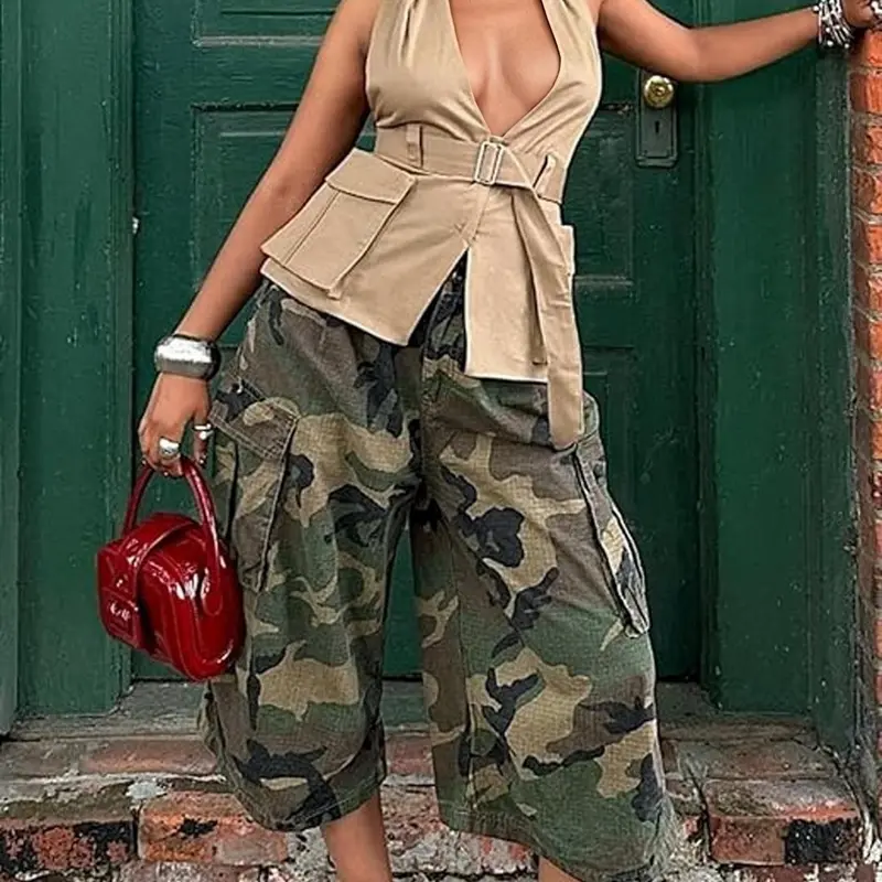 Women's Camouflage Cargo Pants, Casual Streetwear Wide Leg Pants, Casual Fashion Trousers, Street Style Loose Fit for Home Wear, Comfortable and Stylish, Chic, Camo Printed Pants, Casual Style Bottoms, Casual All Seasons, Fashion Casual Comfy