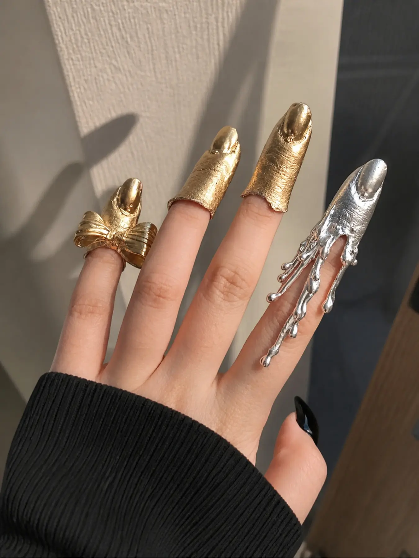 Irregular Drip Nail Cuff Ring Set, Bow Shaped Finger Armor Rings, Avant-Garde Unique Nail Cover Jewelry, Women Trendy Fashion Accessory Gift