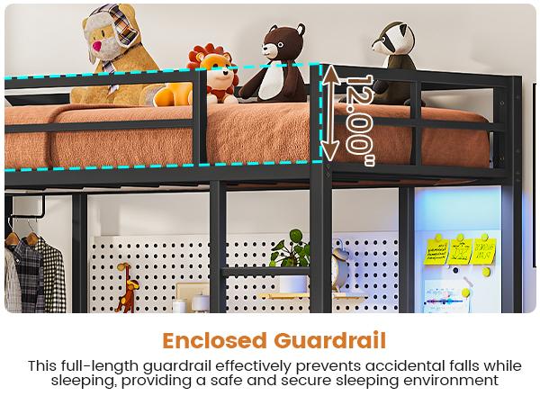 Hasuit Twin Size Loft Bed with Desk & Charging Station Metal Frame LED Lights 4 Storage Shelves 2 Fabric Drawers Safety Guard Clothes Rail Ladder for Students Assembly Required