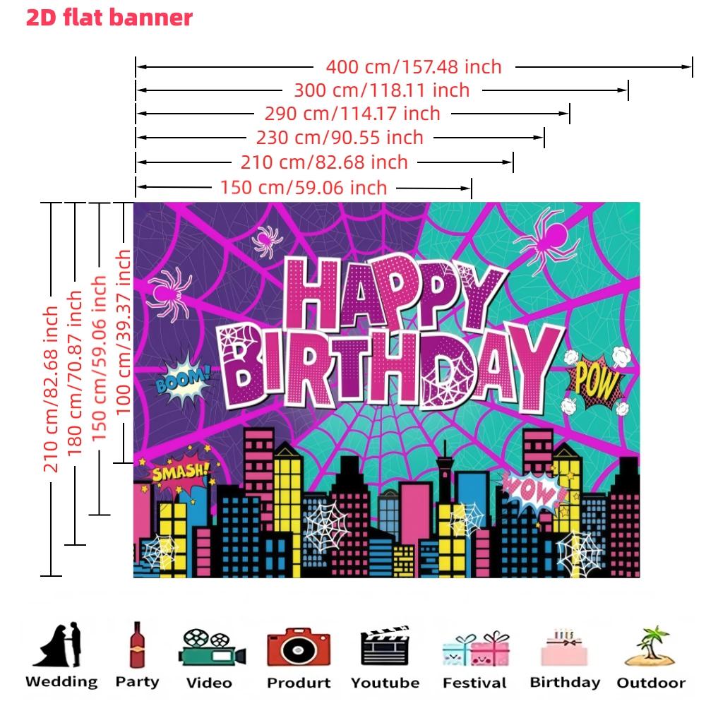 Pink Spider Web Happy Birthday Photography Background, City Skyline Architectural Background Photo Booth Prop, Polyester Material, Suitable for Photo Booth, Party, Birthday, Celebration, and Indoor/Outdoor Family Birthday Party Decoration