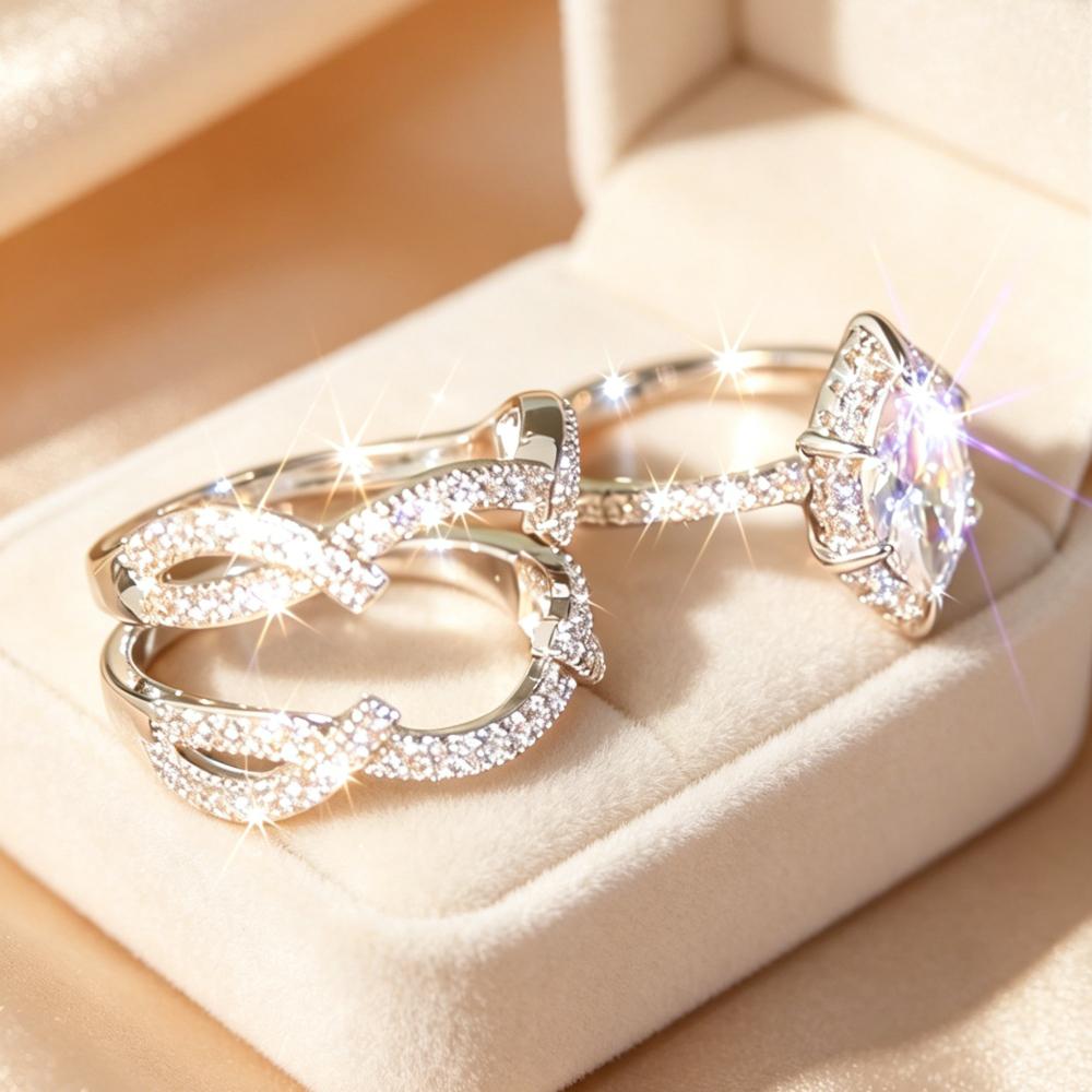 2pcs Stackable Marquise Cubic Zirconia Ring Set - Vintage Infinity Design with Pave Accents, Ideal for Bridal & Formal Occasions