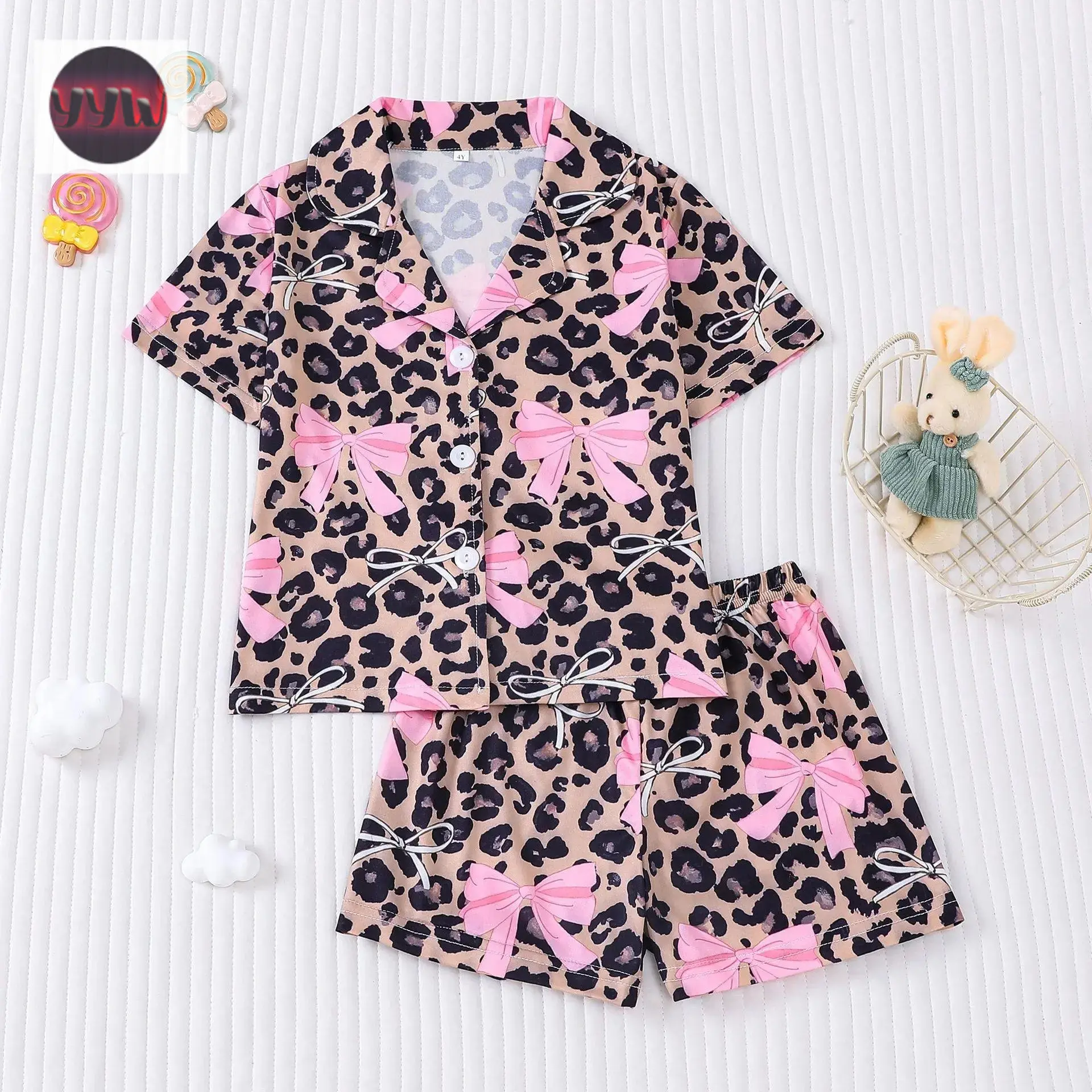 YYW1 Children's two-piece pajama set, comfortable pajamas kids, and cute leopard print with bow decorations, cardigan-style short-sleeve top paired with shorts, suitable both boys and girls, ideal everyday wear