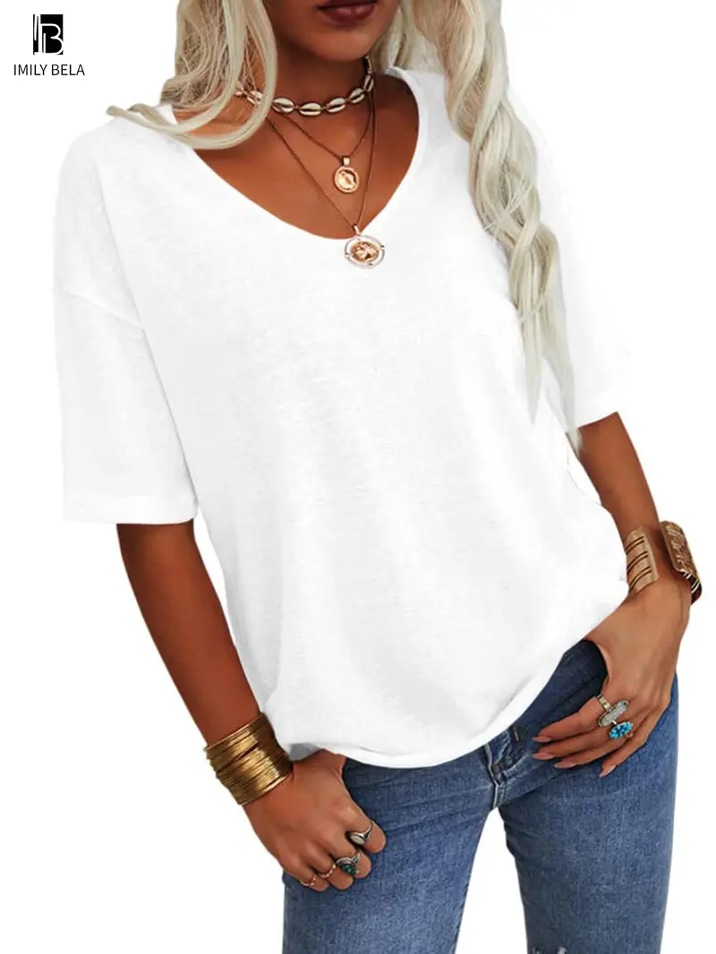 Women's Plain V Neck Drop Shoulder Tee, Casual Chic Minimalist Solid Color Half Sleeve T-shirt for Summer, Women's Basic Top for Daily Wear Women's Plain V Neck Drop Shoulder Tee, Casual Chic Minimalist Solid Color Half Sleeve T-shirt for Summer, Women's Basic Top for Daily Wear