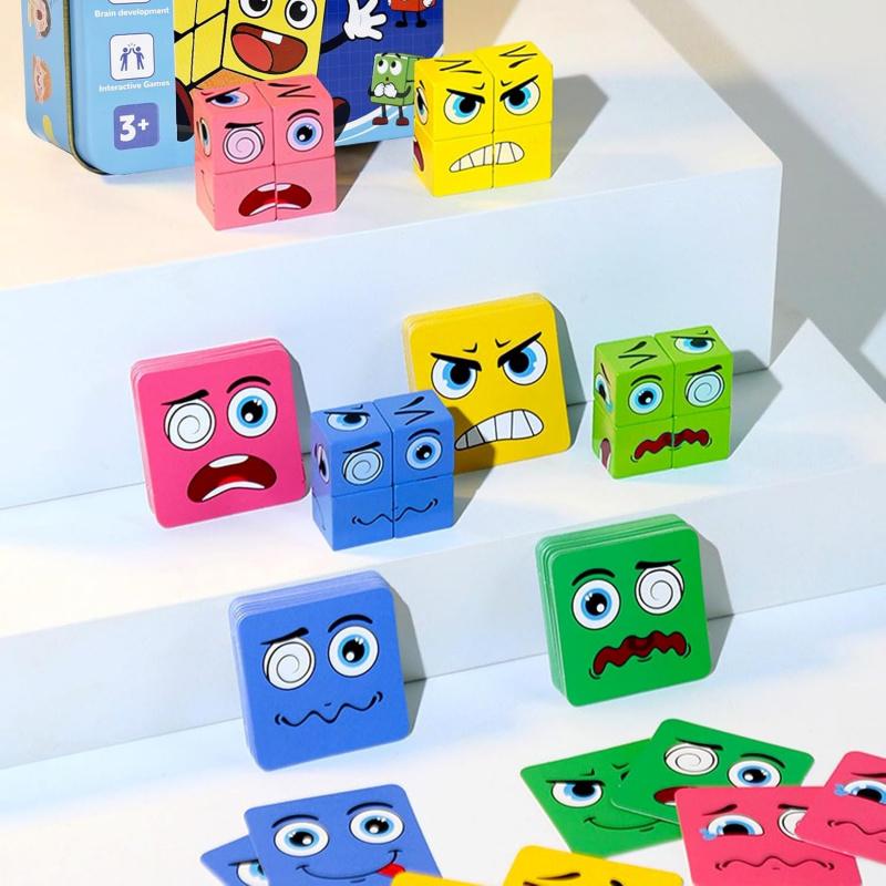 Wooden Face Changing Magic Cube Game[16 blocks + 72 cards], Expression Puzzle Building Blocks Pattern Matching Game, Educational Puzzles Toy Board Games for Kids and Adults with Bell