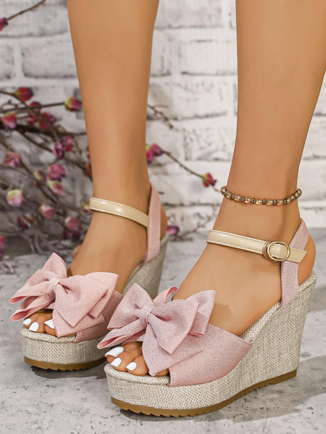 Fashionable Elegant Women's Bow Wedge Sandals, Elegant Heeled Sandals, Comfortable Thick Sole High Heel Shoes, Perfect for Parties, Weddings, Beach, Travel