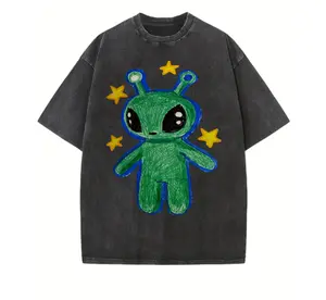 Cute Alien Unisex Vintage Washed Tee, Unisex Vintage Washed Tee, Vintage Coloful Tee - Oversized Shirt - Natural & Animal Planet Unisex Streetwear Round Neck Top