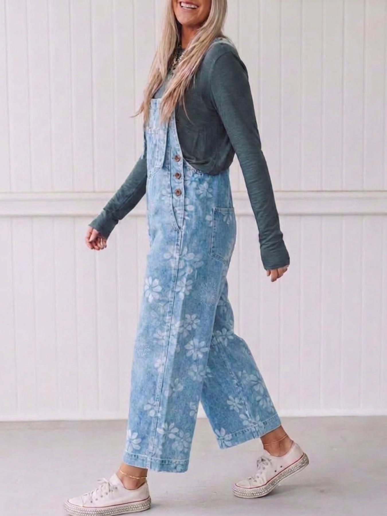 Women's Floral Printed Denim Overalls Loose Casual Bib Dungarees Vintage Wide Leg Jean Jumpsuit Retro Suspender Long Pants with Pockets