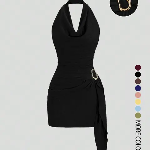 【Black Friday】Women's Fashion Solid Color Ruched Halter Fitted Dress, Casual Office Wear, Elegant Backless Design, Perfect for Daily Wear, Stylish Chic and Comfortable Backless Slim Dress