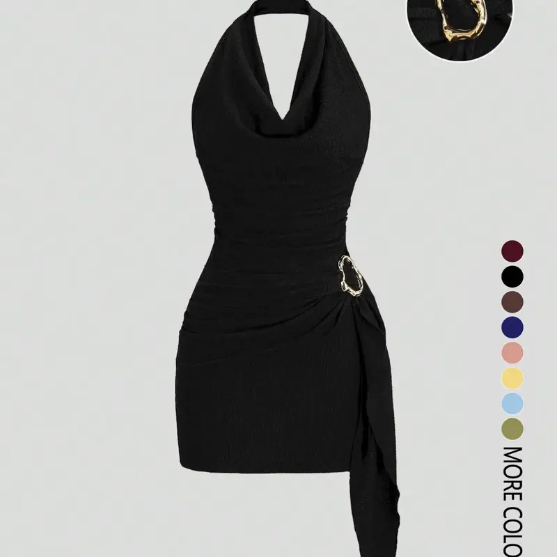 【Black Friday】Women's Fashion Solid Color Ruched Halter Fitted Dress, Casual Office Wear, Elegant Backless Design, Perfect for Daily Wear, Stylish Chic and Comfortable Backless Slim Dress