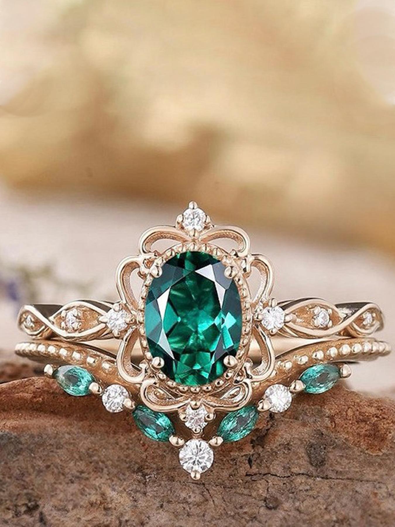 Trendy Emerald Zircon Ring, Sweet European Style Alloy Band, Zircon Wedding Rings, Rose Matching Set, Perfect for Thick Fingers