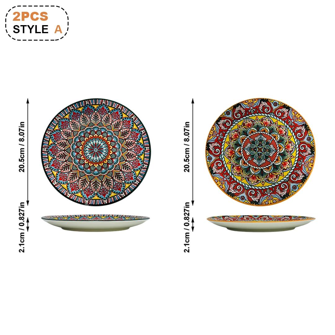 2-Piece 8.07-Inch Ceramic Plate Set, Boho Style Kitchen Diningware, Creative Home Tableware, Fruit Bowl, Steak Plate, Shallow Round Plates