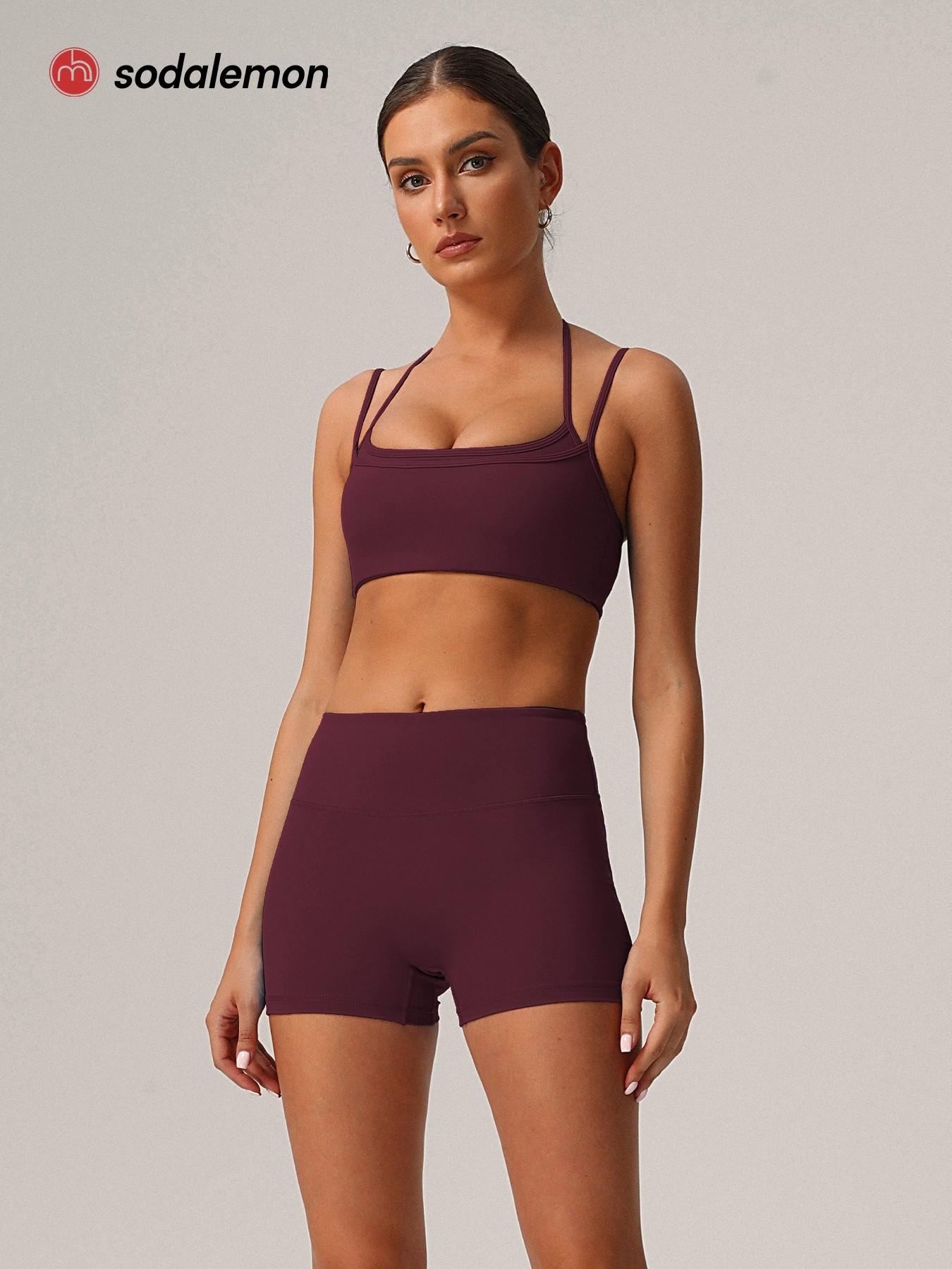 Sodalemon Women's Solid Crop Sports Bra & Shorts Sportswear Set, Casual Comfy Breathable Two-piece Outfits for Yoga Gym Workout Running, Ladies Spring & Fall Clothes