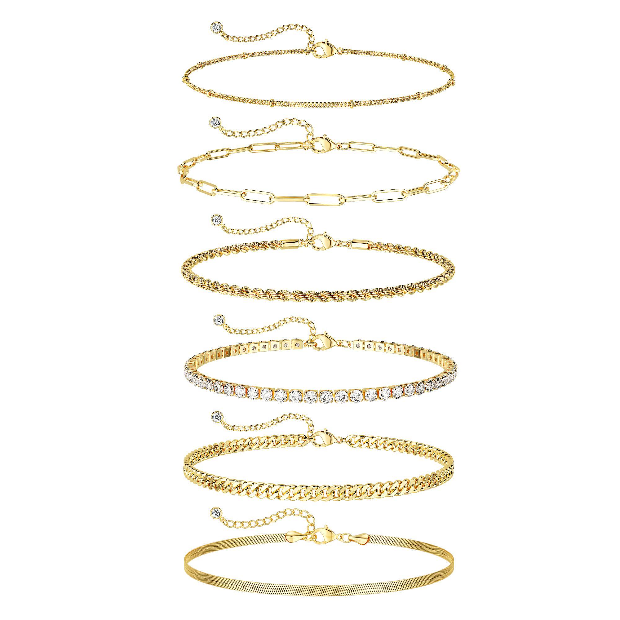 Tewiky 6pcs Anklets For Women Layered Cuban Link Chain Anklets Love Herringbone Cute Anklets Set Summer Beach Jewelry Gift