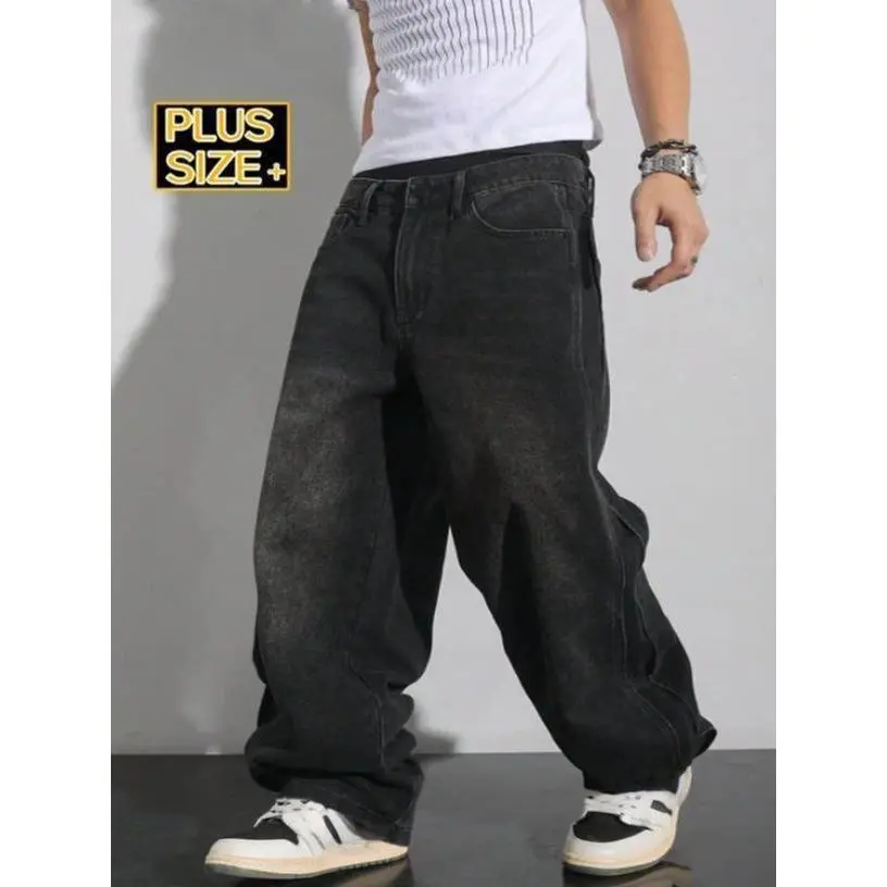 Big & Tall Men's Baggy Jeans Cotton Blend Stretch Black Vintage Washed Denim Streetwear Pants