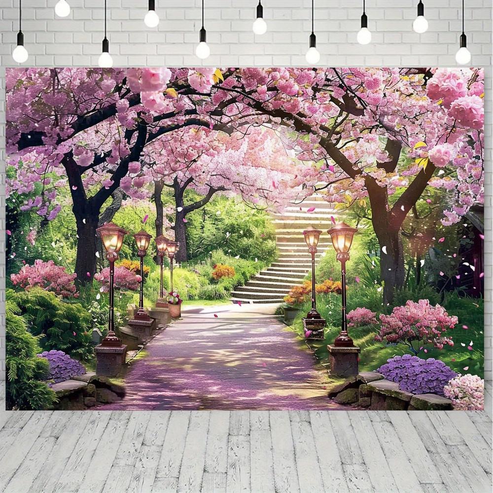 2D Flat, 2D Flat, 2D Flat Banner, 1pc Spring Floral Cherry Blossom Path Backdrop Photography Background for Wedding, Bridal Shower, Anniversary, Party Decoration, No Electricity Needed Yjx