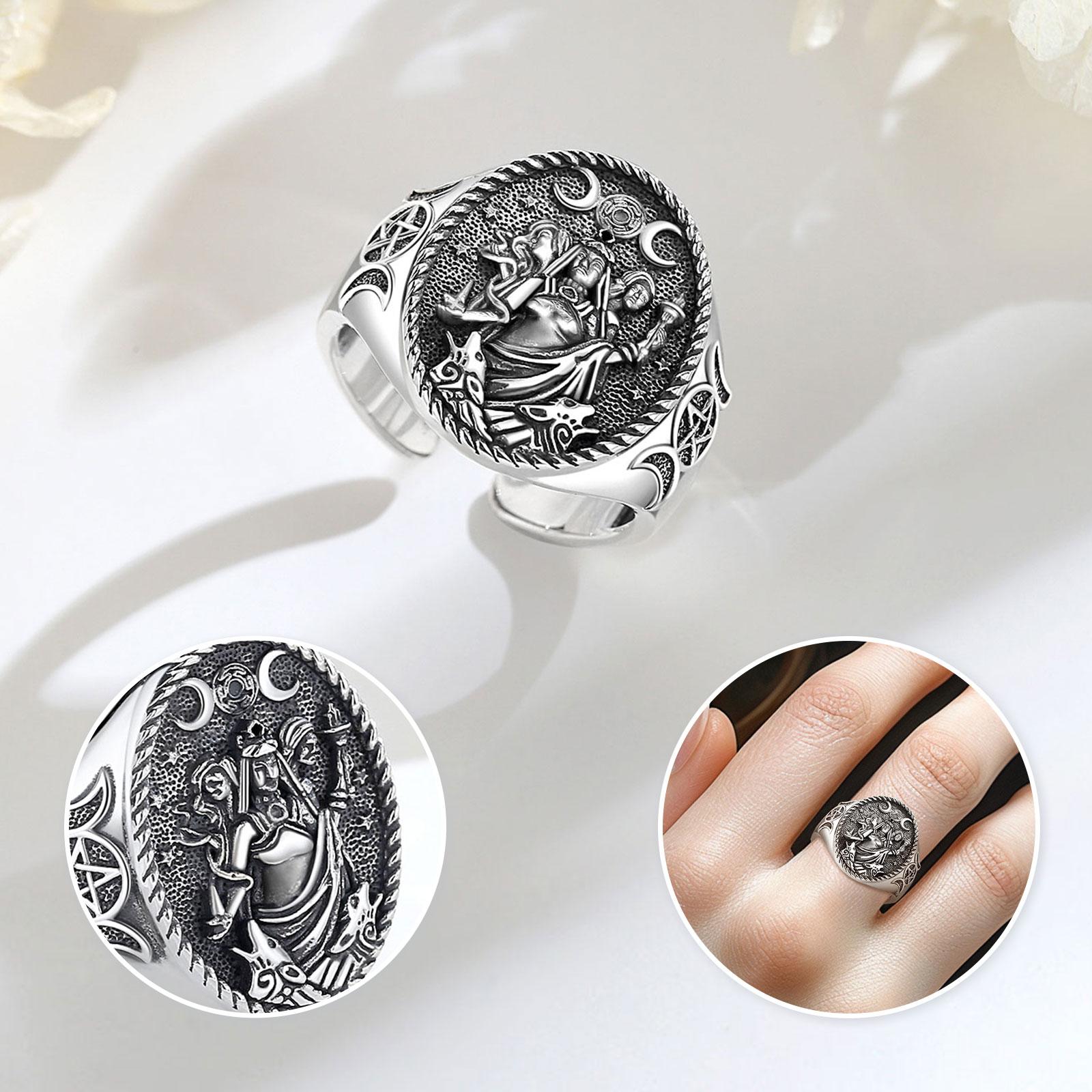 Adjustable Hecate Ring, S925 Sterling Silver Amulet, Goddess of Magic & Moon, Celestial Symbol, Open Ring for Women, Mystical Jewelry Gift