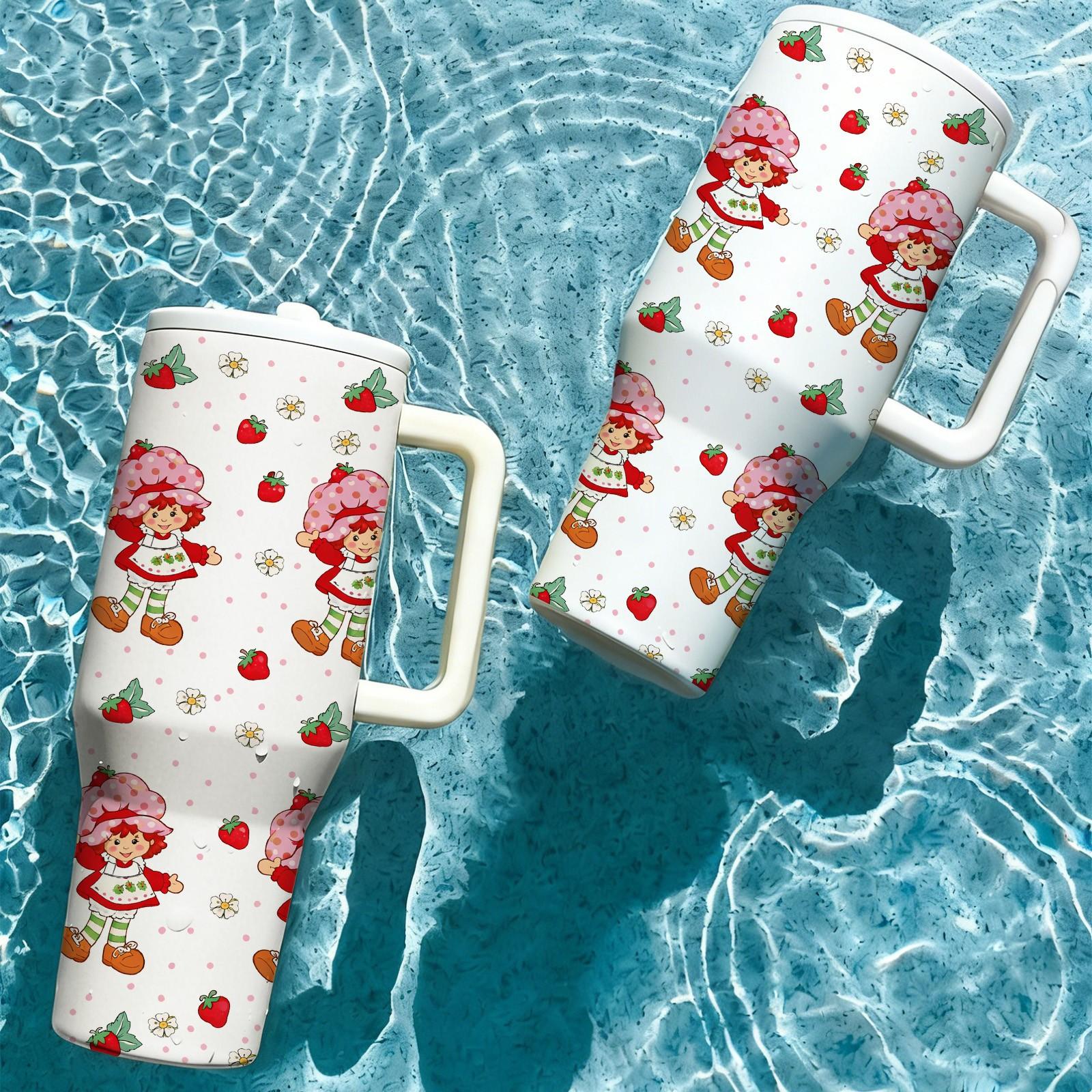 1 Pc 40oz Insulated Mug with Straw Lid and Handle, Cute Strawberry Girl Cartoon Pattern Tumbler, Double Wall Vacuum Thermal Mug for Hot Cold Drinks, Keeps Hot 12 Hours Cold 24 Hours, Large Capacity Leak Proof Design, Gift for Women Girls Holiday