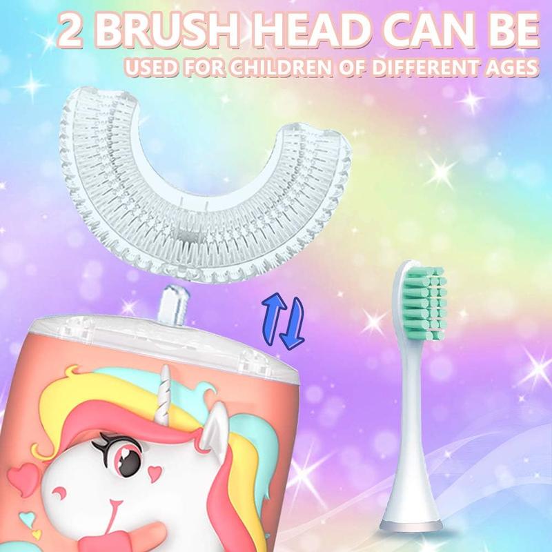 Kids Electric U Shaped Toothbrush Unicorn Rechargeable Sonic Toothbrush with 6 Soft Brush Heads & Kid Watermelon Toothpaste IPX7 Waterproof for Ages 8-15 Pink Christmas gift