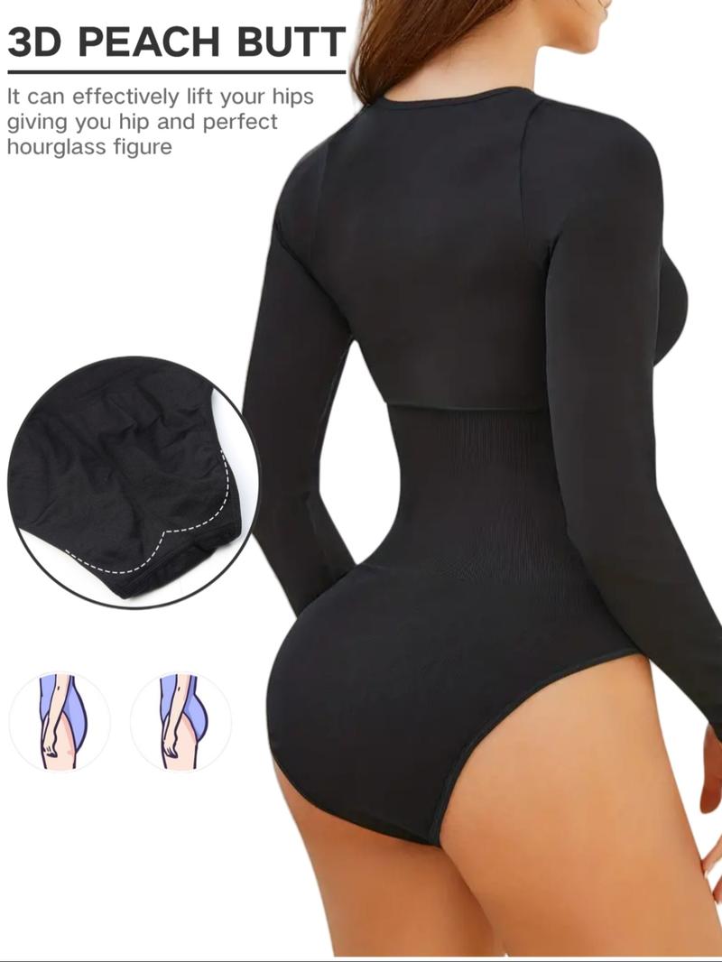 Women's Ribbed Abdomen Control Bodysuit, Long Sleeve Seamless T Shirt,Comfortable Scoop Neck Body Suit Stretchy Basic Tops, Fit Soft Elastic Fabric, Perfect For Daily Wear and  Going Out,Shapewear For Fall&Winter