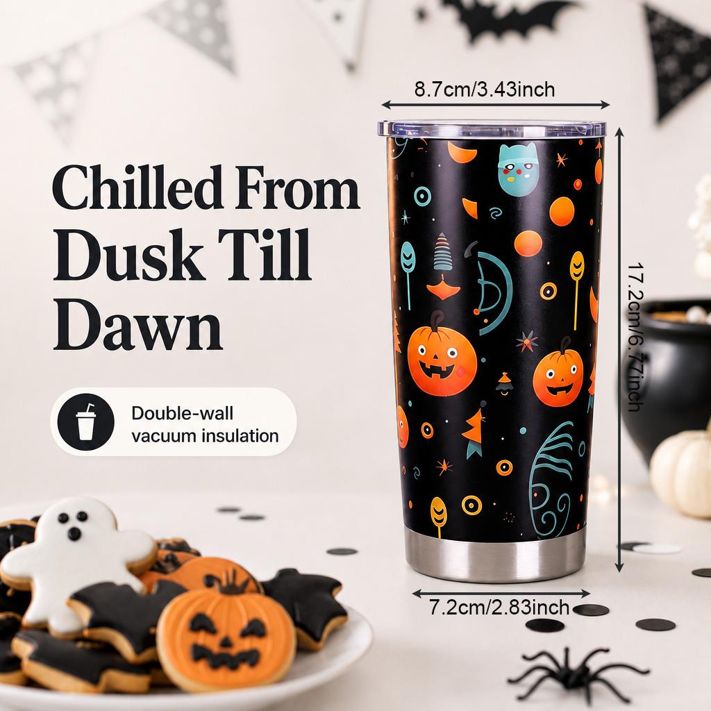 Halloween Pumpkin Ghost Thermos, Reusable Travel Coffee Cup, Stainless Steel Car Cup, Cute and Quirky Holiday Drink Cup, with a Transparent Leak-proof Lid, Perfect for Parties and Everyday Use, Ideal Halloween and Birthday Gift