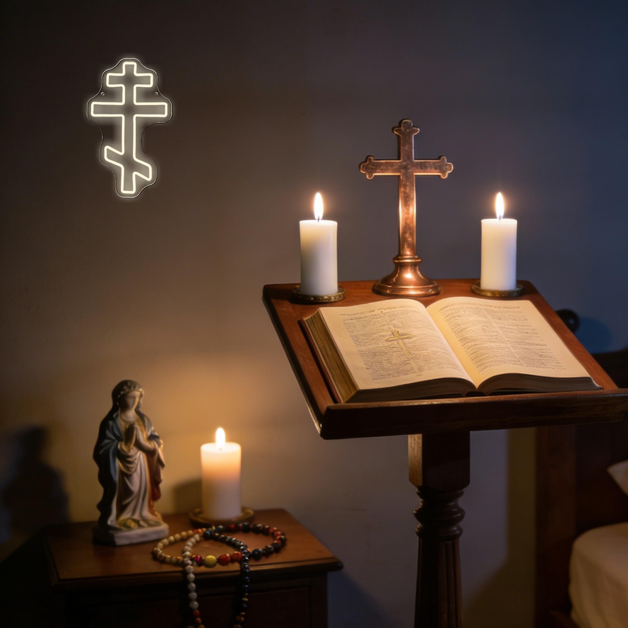 Eastern Orthodox Cross Neon Sign, Christian Faith Neon Light LED Jesus Decor Sign,for Religious Wall Art Prayer Room Bedroom Living Room Sainthood CelebrationDecor Birthday Gifts(14.1 *8.6 In)