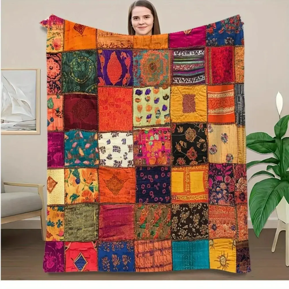 Anti-Pilling Soft Flannel Boho Throw Blanket - Multi-Size Bohemian Patchwork Geometric Print, Indoor/Outdoor Camping Use, Gift for Boho Style Enthusiasts