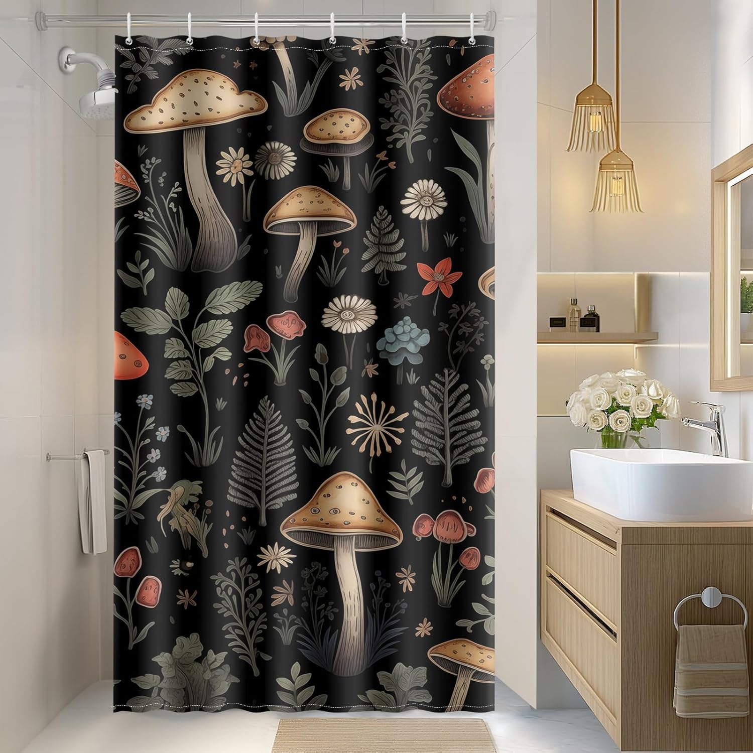 Vintage Dark Cottagecore Mushroom Shower Curtain - Retro Botanical Wildflower Print, Waterproof Fabric Curtain with 12 Hooks | Whimsical Gothic Bathroom Decor #showercurtain #mushroom #cottagecore #vintage #botanical #waterproofcurtain  #gothicdecor