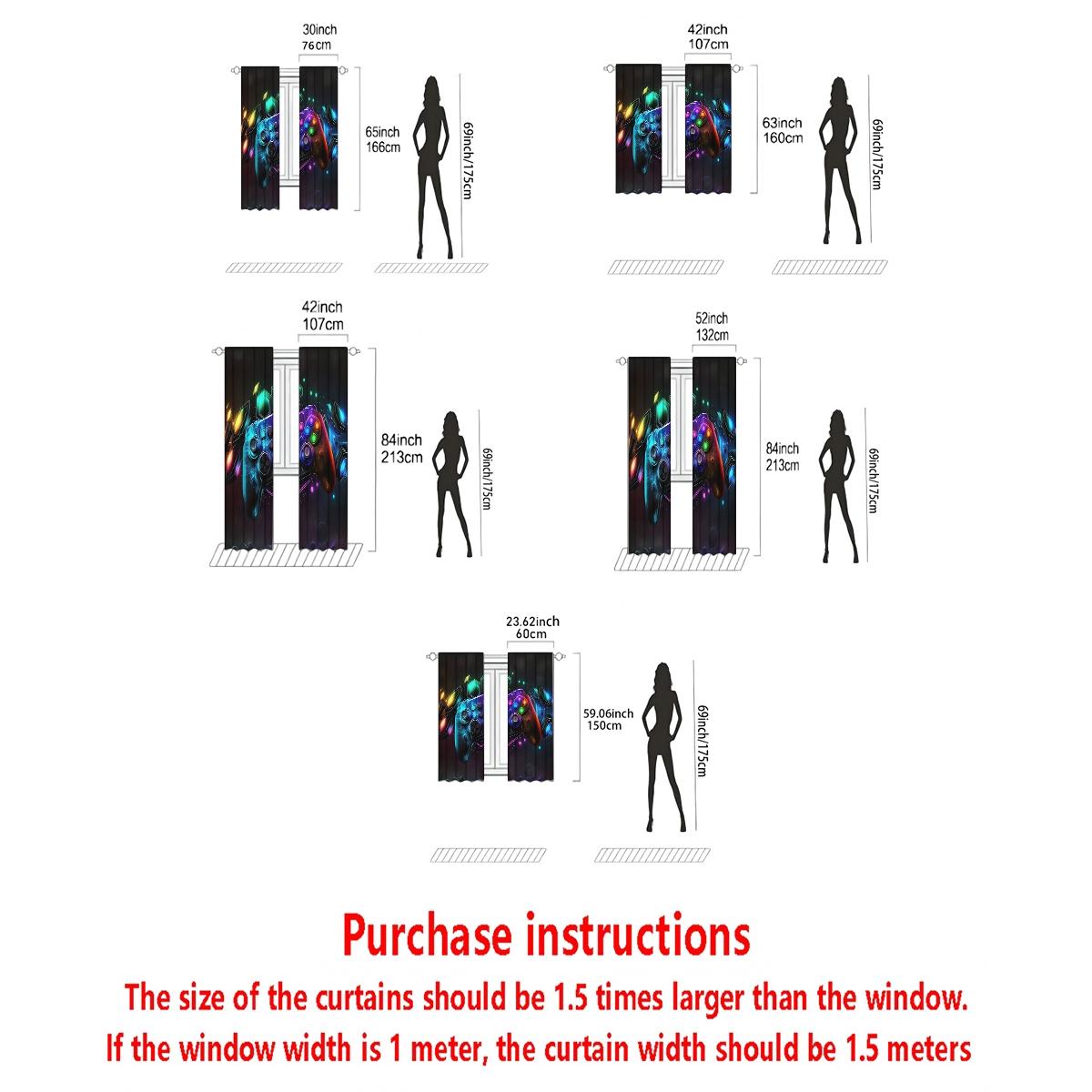 2 Piece Background Color Game Controller Print Curtains, Semi-Transparent Polyester Fiber, Rod Pocket Design