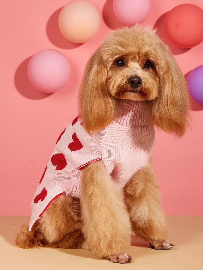 New Valentine's Day Knit High-Elasticity Round Neck Pink Red Lover Bow Heart Pattern French Bulldog Bichon Dog Sweater