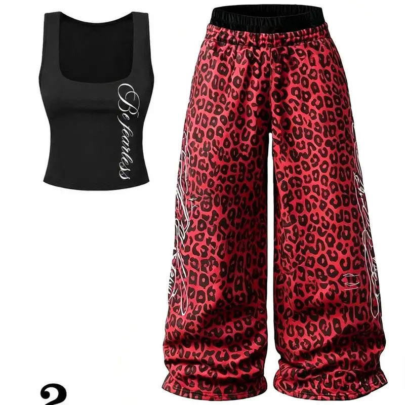 Women's Letter Backless Top with Leopard Print Punk Style Pants, Vintage Streetwear Double Layered Pants, Y2K Fashion for Daily Wear
