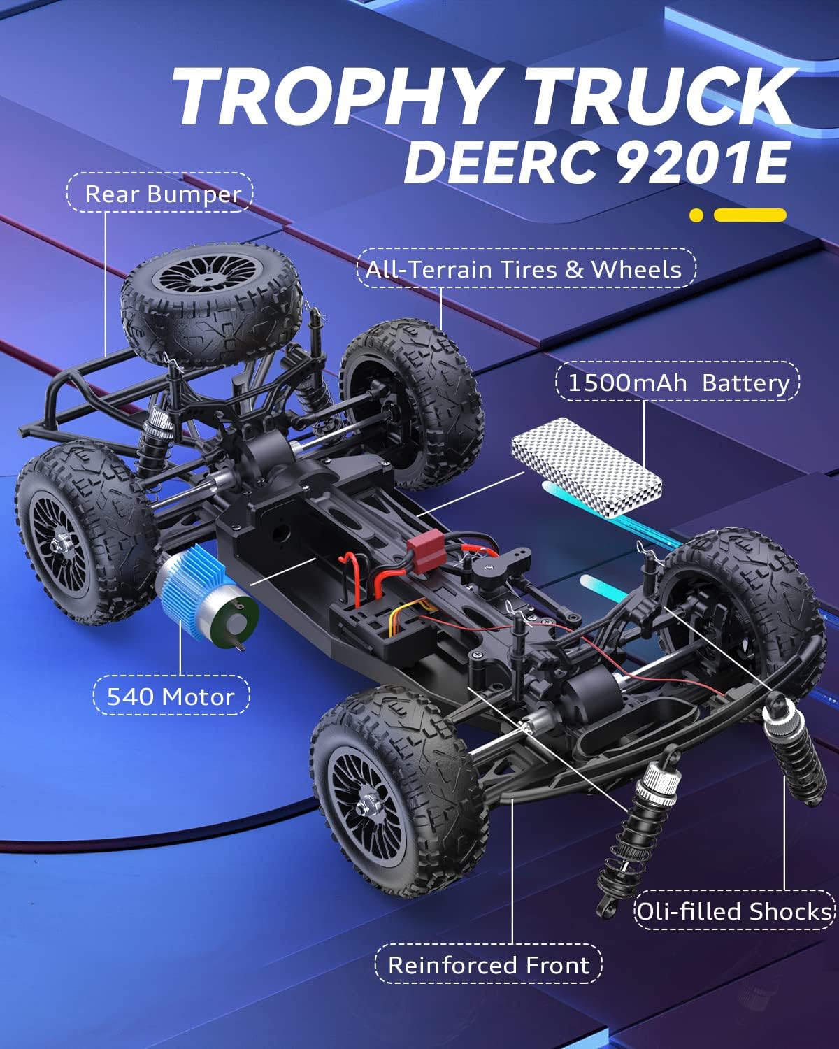 DEERC 9201E 1:10 Large Remote Control Truck with Lights, Fast Short Course RC Car, 48 km/h 4x4 Off-Road Hobby Grade Toy Monster Crawler Electric Vehicle with 2 Rechargeable Batteries