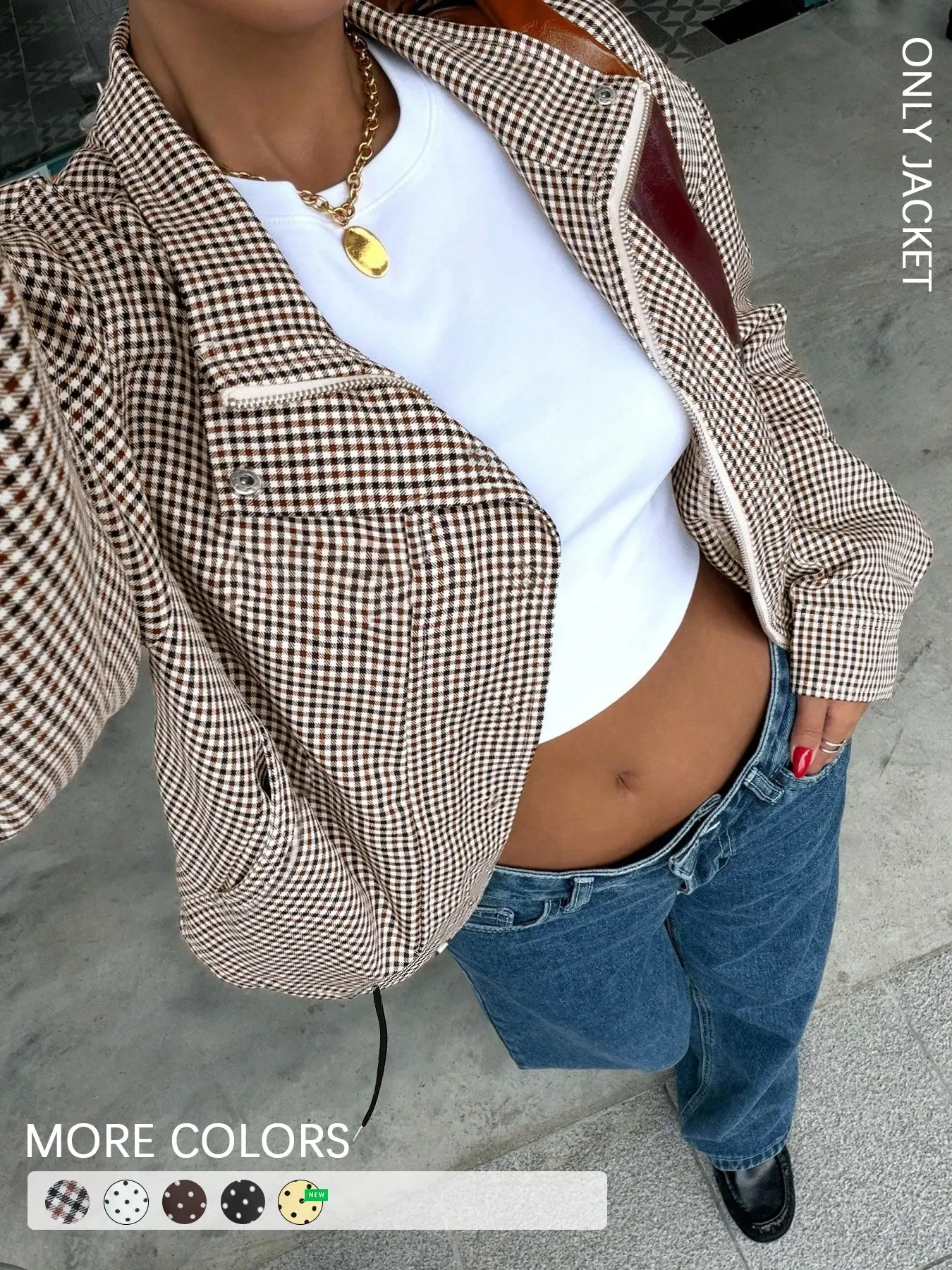Women's Plaid Cropped Jacket, Zipper and Button Closure Casual Top, Vintage Street Style for Daily Wear & Shopping