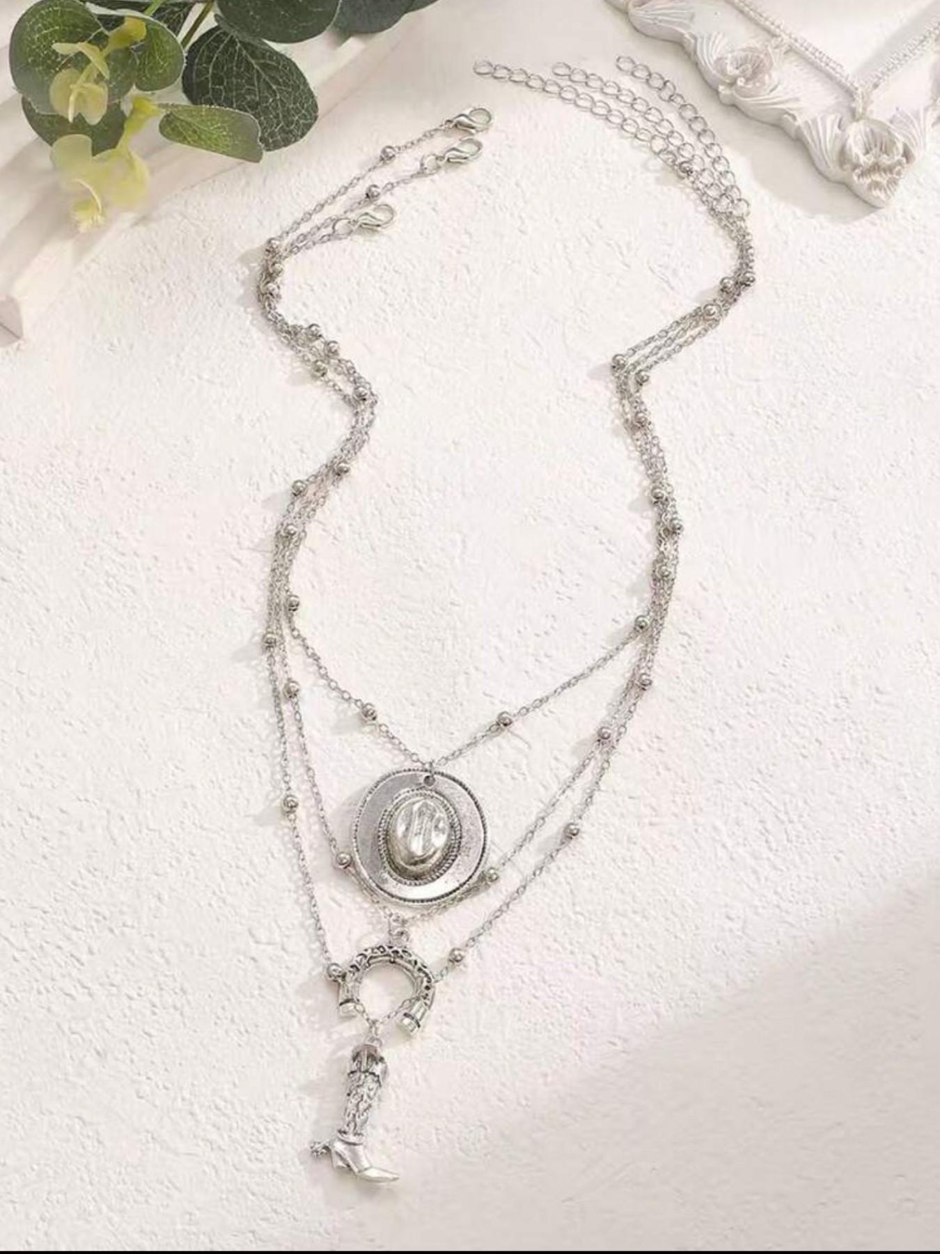 3-Layer Retro Alloy Western Cowboy Necklace Set, Stylish Layered Design, Perfect for Western, Durable Alloy Material
