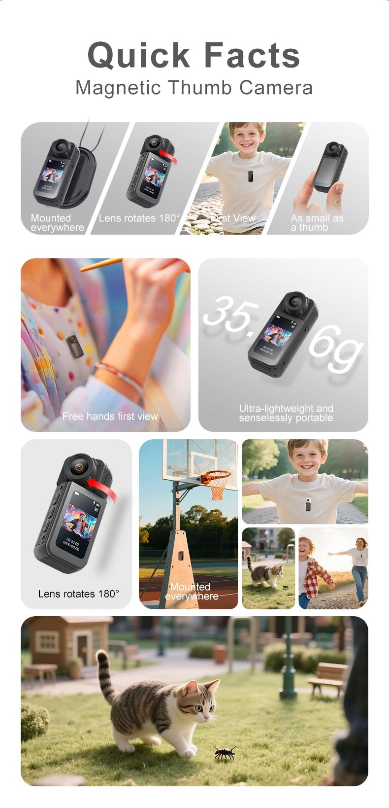 WIXUN-1080P mini magnetic thumb sports camera, 180 ° rotating camera, 1.47-inch IPS high-definition display screen, equipped with 16GB TF card, suitable for daily photography/videography, outdoor activities, law enforcement scenes
